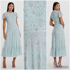 Mac Duggal 9212 Womens Blue Embellished High Neck Cap Sleeve A Line Dress